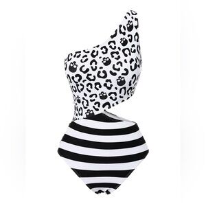 RETRO STAGE BLACK 1980S ONE-SHOULDER HOLLOW SKULL STRIPE SWIMSUIT